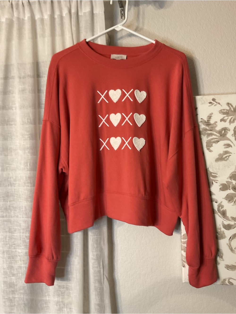 LOFT Coral Red Crewneck Sweatshirt with White Heart X Print